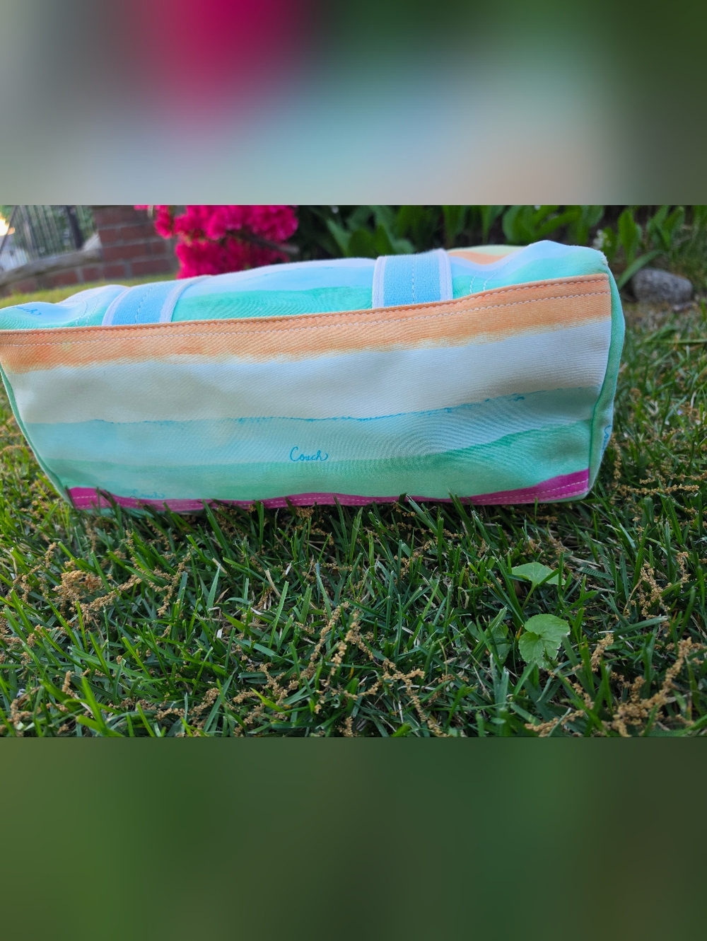 Coach Watercolor Pastel Stripe Canvas Leather Trim Hampton Tote Bag. - Picture 12 of 15